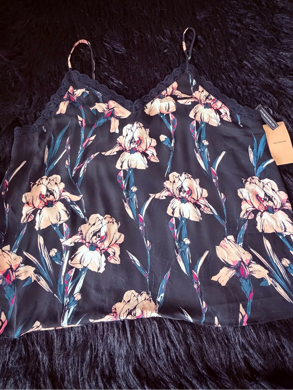 NWT! Halogen Black Floral Lace-Trim Camisole with Cream & Teal Blooms